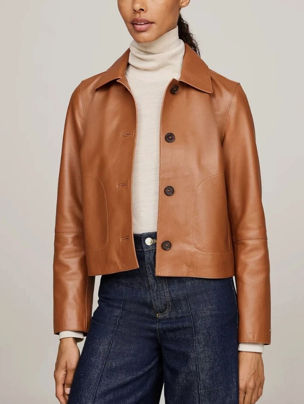 Cognac Leather Button Jacket